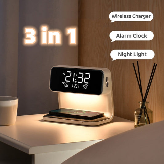 3-in-1 Bedside Lamp – LCD Alarm Clock with Wireless Phone Charging
