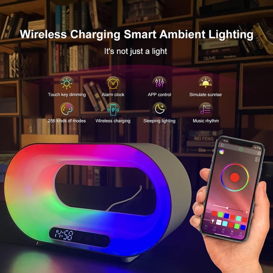 3-in-1 Smart LED Lamp – RGB Night Light, Wireless Charger & Alarm Clock with App Control