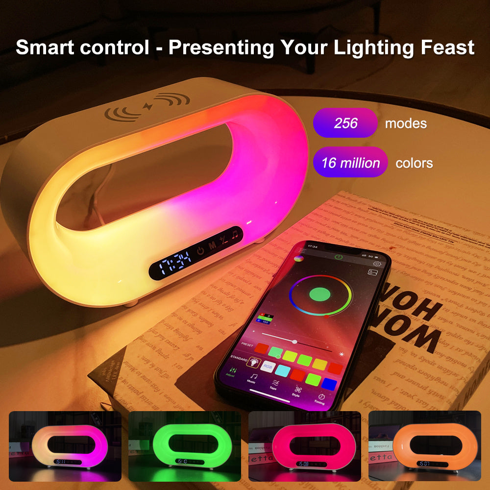 3-in-1 Smart LED Lamp – RGB Night Light, Wireless Charger & Alarm Clock with App Control